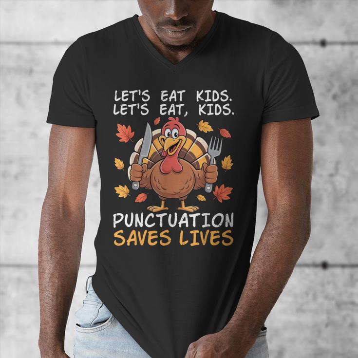 Thanksgiving Teacher Turkey Lets Eat Kids Punctuation Men's V-Neck T-Shirt, funny design