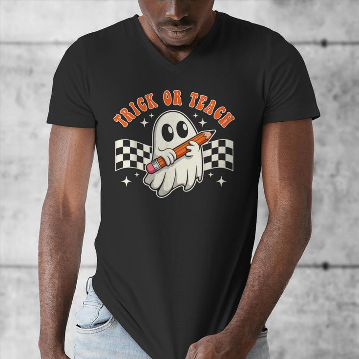 Trick Or Teach Groovy Retro Ghost Halloween Teacher Kids Men's V-Neck T-Shirt, Groovy Teacher Gifts, funny design Trick Or Teach Groovy Retro Ghost Halloween Teacher Kids Men's V-Neck T-Shirt, Groovy Teacher Gifts, funny design