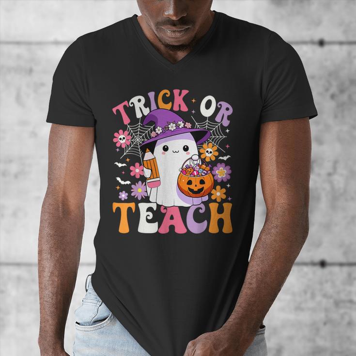 Trick Or Teach Groovy Teacher Ghost Halloween Teacher Men's V-Neck T-Shirt, Groovy Teacher Gifts, funny design Trick Or Teach Groovy Teacher Ghost Halloween Teacher Men's V-Neck T-Shirt, Groovy Teacher Gifts, funny design