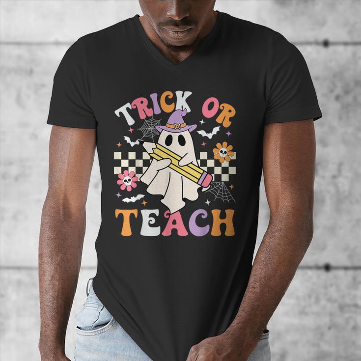 Trick Or Teach Groovy Teacher Halloween Retro Teacher Ghost Men's V-Neck T-Shirt, Groovy Teacher Gifts, funny design