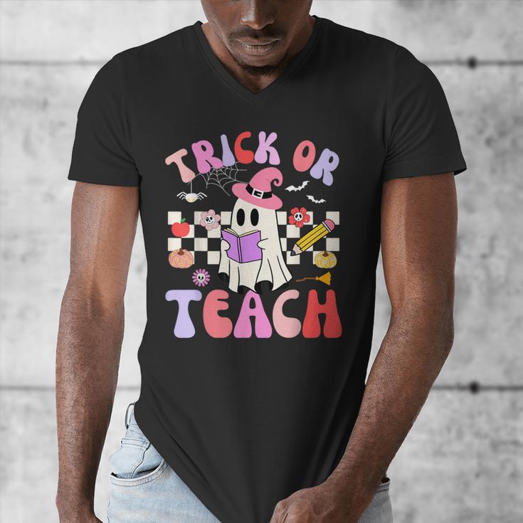 Trick Or Teach Halloween Teacher Floral Ghost Groovy Men's V-Neck T-Shirt, Groovy Teacher Gifts, funny design Trick Or Teach Halloween Teacher Floral Ghost Groovy Men's V-Neck T-Shirt, Groovy Teacher Gifts, funny design