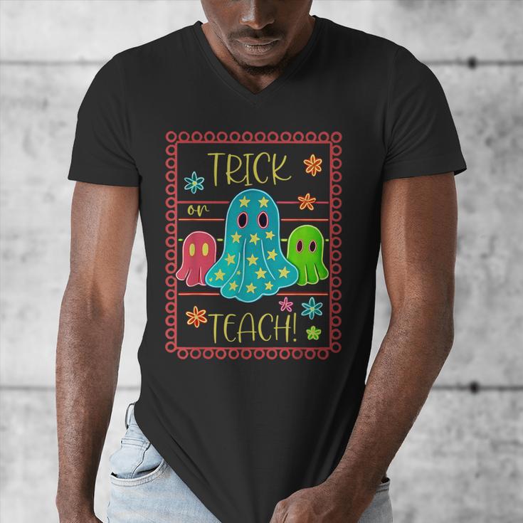 Trick Or Teach Neon Ghost Flower Teacher Spooky Halloween Men's V-Neck T-Shirt, funny design