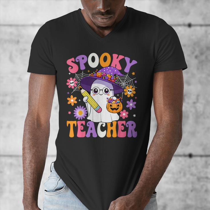 Trick Or Teach Spooky Teacher Ghost Halloween Teacher Men's V-Neck T-Shirt, funny design