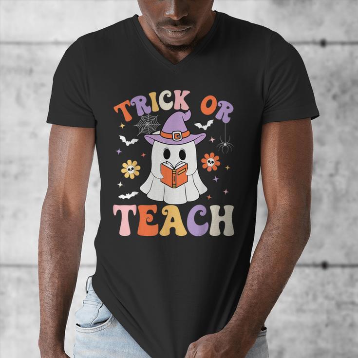 Trick Or Teach Teacher Groovy Ghost Halloween Teacher Men's V-Neck T-Shirt, Groovy Teacher Gifts, funny design