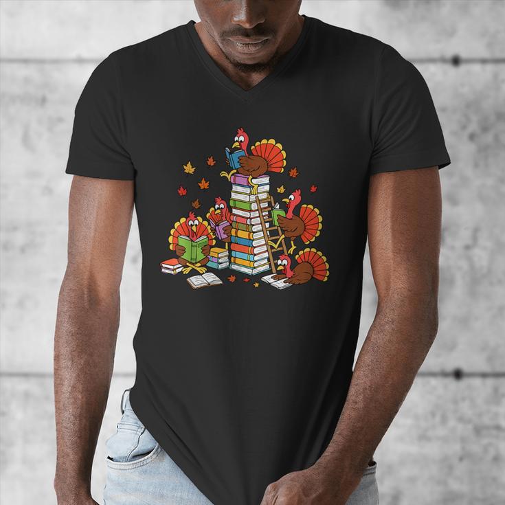 Turkey Reading Books Fall Thanksgiving Teacher Librarian Men's V-Neck T-Shirt, funny design