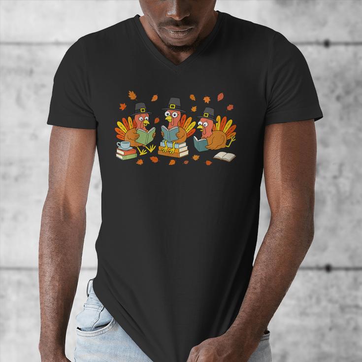 Turkey Reading Books Fall Thanksgiving Teacher Student Men's V-Neck T-Shirt, funny design