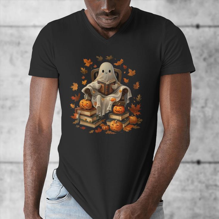 Vintage Ghost Book Reading Pumpkin Gothic Halloween Teachers Men Women Kids Men's V-Neck T-Shirt, funny design