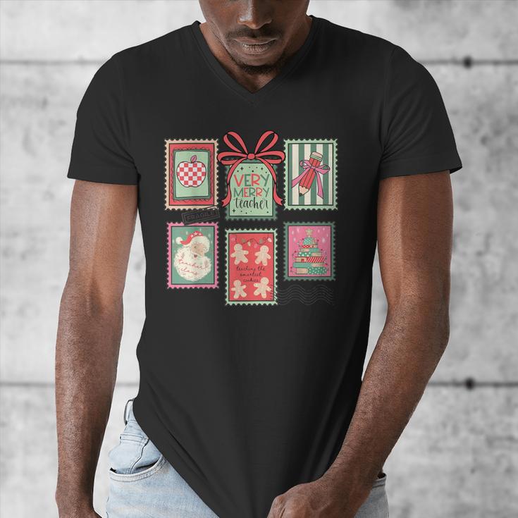 Vintage Preppy Very Merry Teacher Santa Stamps Christmas Men's V-Neck T-Shirt, funny design