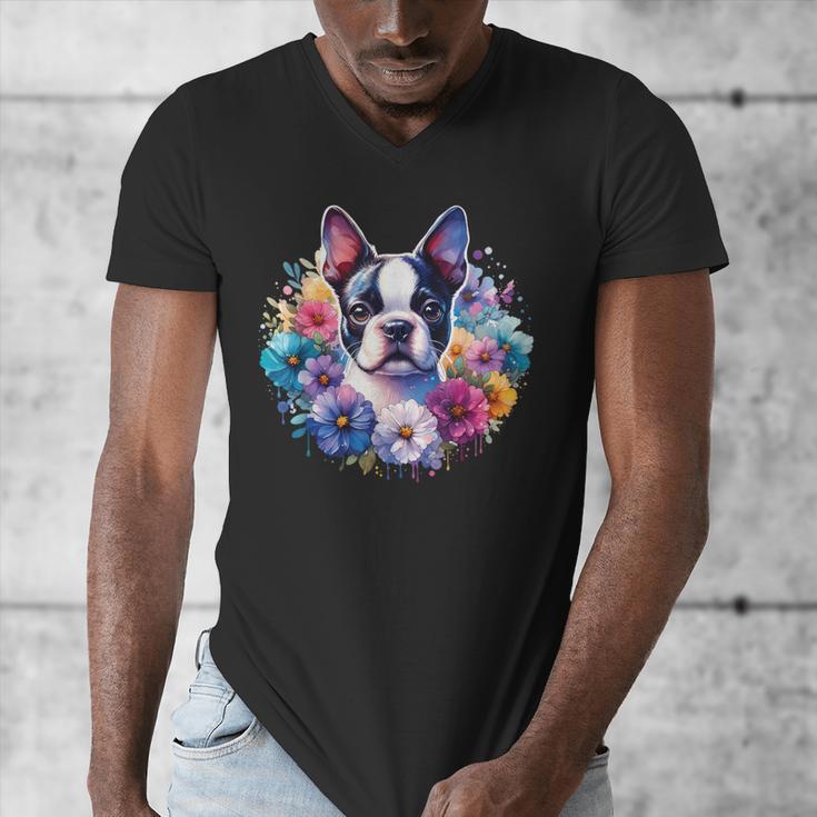 Watercolor Floral Boston Terrier Mama Dog Lover Mother's Day Men's V-Neck T-Shirt, funny design