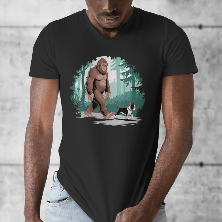 Whimsical Forest Adventures Sasquatch Bigfoot Walking Boston Terrier Dog Lovers Men's V-Neck T-Shirt, funny design
