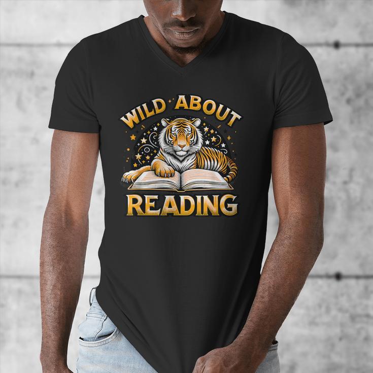 Wild About Reading Tiger For Teachers & Students Men's V-Neck T-Shirt, funny design Wild About Reading Tiger For Teachers & Students Men's V-Neck T-Shirt, funny design