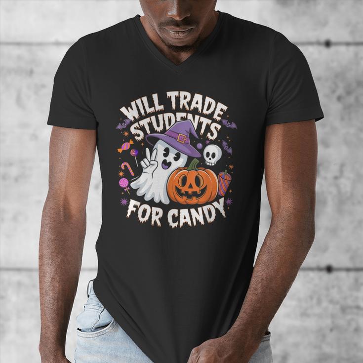Will Trade Students For Candy Halloween Teacher Men's V-Neck T-Shirt, funny design