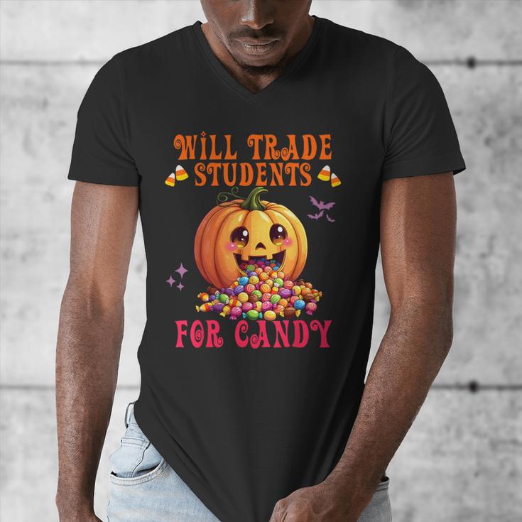 Will Trade Students For Candy Teacher Cute Halloween Pumpkin Men's V-Neck T-Shirt, funny design Will Trade Students For Candy Teacher Cute Halloween Pumpkin Men's V-Neck T-Shirt, funny design
