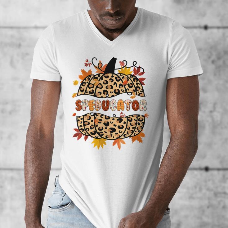 Autumn Fall SPED ED Teacher Thankful Grateful Pumpkin Retro Men's V-Neck T-Shirt, funny design