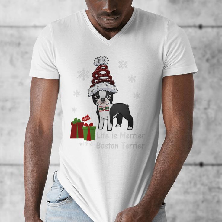 Boston Terrier Christmas T Shirt-Life Is Merrier Premium Tri-Blend Men's V-Neck T-Shirt, Boston Terrier Christmas Gifts, funny design