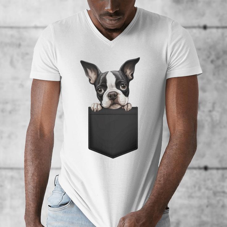 Boston Terrier Dog Puppy Dog In Pocket Cute Pet Lover Men's V-Neck T-Shirt, funny design