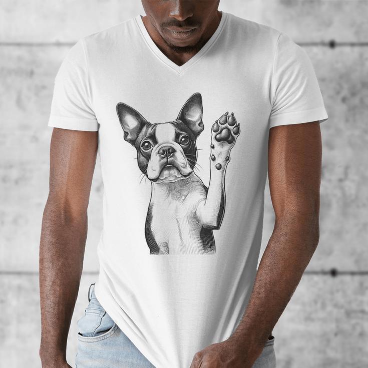 Boston Terrier Dog Raising Paw Idea Men Women Men's V-Neck T-Shirt, funny design