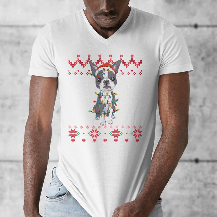 Boston Terrier Dog Santa Hat Men Kids Ugly Christmas Light Men's V-Neck T-Shirt, Boston Terrier Christmas Gifts, funny design
