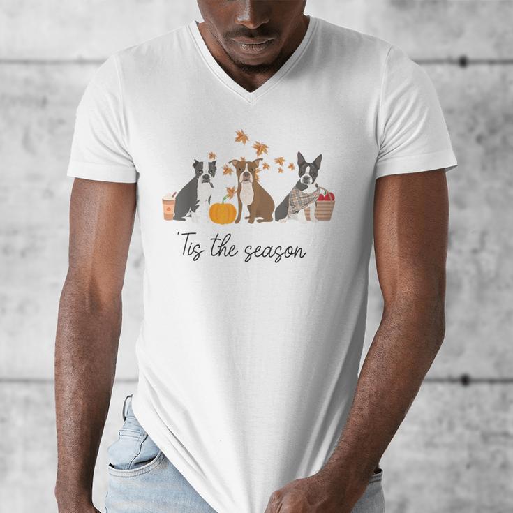 Boston Terrier Fall Pumpkin Tis The Season Autumn Women Men's V-Neck T-Shirt, funny design