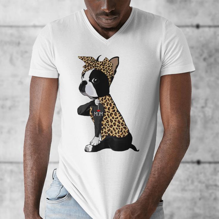 Boston Terrier Lover I Love Mom Tattoo Leopard Men's V-Neck T-Shirt, Couple Gifts, Mom Gifts, Boston Terrier Mom Gifts, funny design