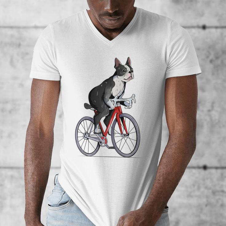 Boston Terrier Riding Bicycle Cute Bostie Biker Raglan Baseball Tee Men's V-Neck T-Shirt, Boston Terrier Riding Gifts, funny design