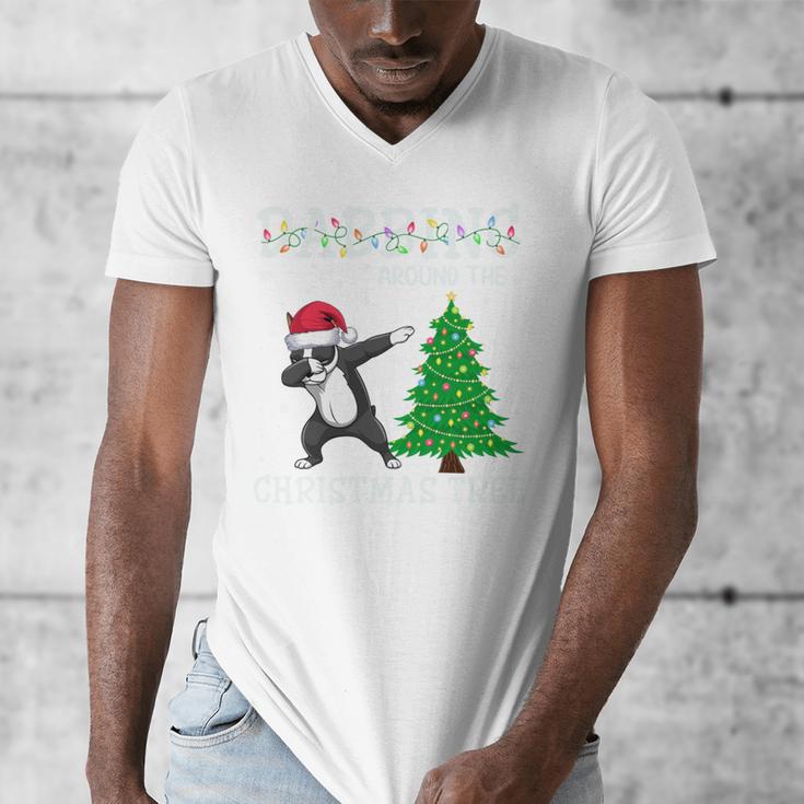Boston Terrier Santa Hat Dabbing Around The Christmas Tree Men's V-Neck T-Shirt, Boston Terrier Christmas Gifts, funny design