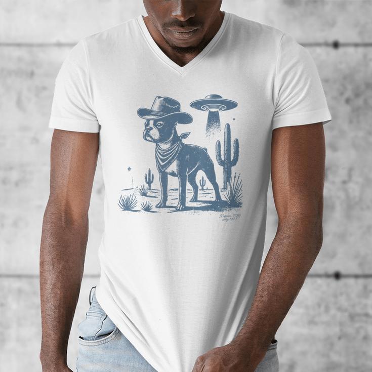 Boston Terrier UFO Cowboy Dog Dog Mom Dog Dad Alien Dog Men's V-Neck T-Shirt, Couple Gifts, Mom Gifts, Boston Terrier Dad Gifts, Boston Terrier Mom Gifts, funny design