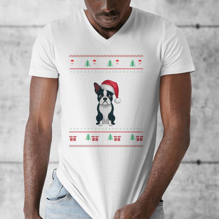 Boston Terrier Wearing Santa Hat Ugly Xmas Dog Lovers Men's V-Neck T-Shirt, funny design