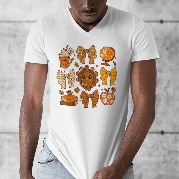 Coquette Teach Teacher Bows Thanksgiving Turkey Fall Autumn Men's V-Neck T-Shirt, funny design