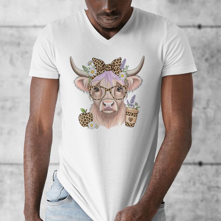Cute Floral Highland Cow Back To School For Women Teacher Men's V-Neck T-Shirt, funny design