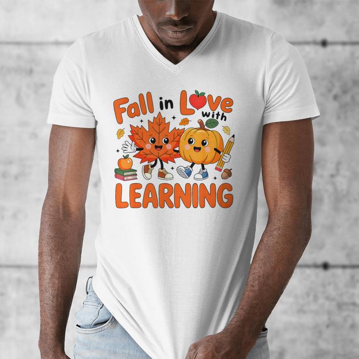 Fall In Love With Learning Thanksgiving Teacher Student Kids Men's V-Neck T-Shirt, funny design
