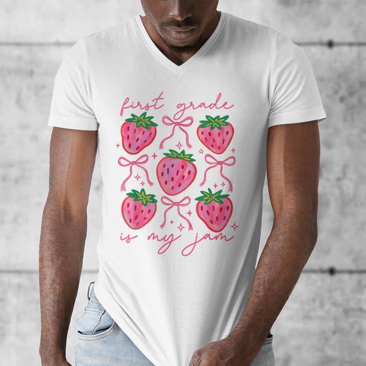 First Grade Is My Jam Strawberry First Grade Teacher Women Men's V-Neck T-Shirt, First Grade Teacher Gifts, funny design First Grade Is My Jam Strawberry First Grade Teacher Women Men's V-Neck T-Shirt, First Grade Teacher Gifts, funny design