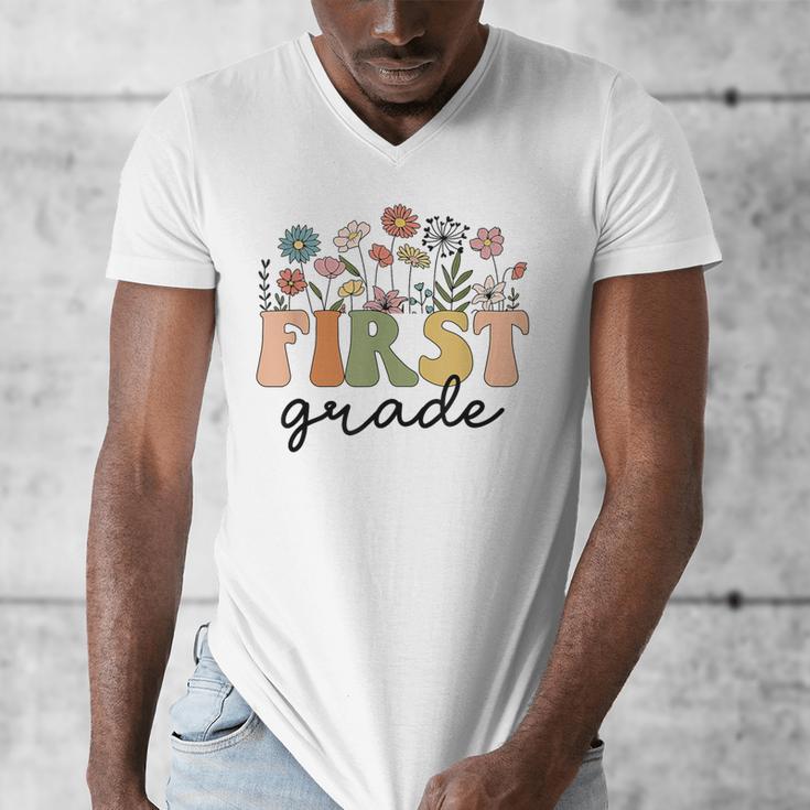First Grade Teacher Wildflower Back To School Floral Outfits Men's V-Neck T-Shirt, First Grade Teacher Gifts, funny design First Grade Teacher Wildflower Back To School Floral Outfits Men's V-Neck T-Shirt, First Grade Teacher Gifts, funny design