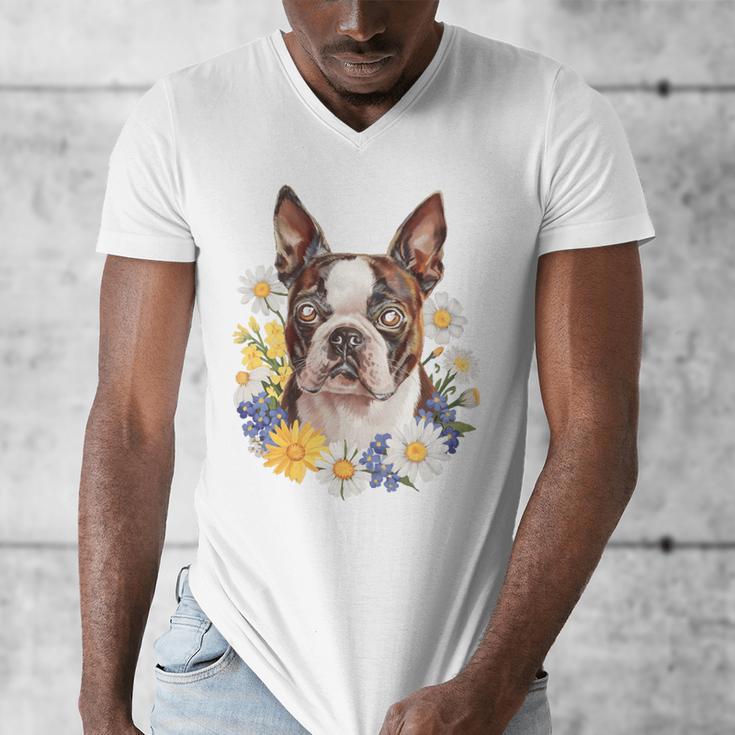 Floral Boston Terrier Men's V-Neck T-Shirt, funny design