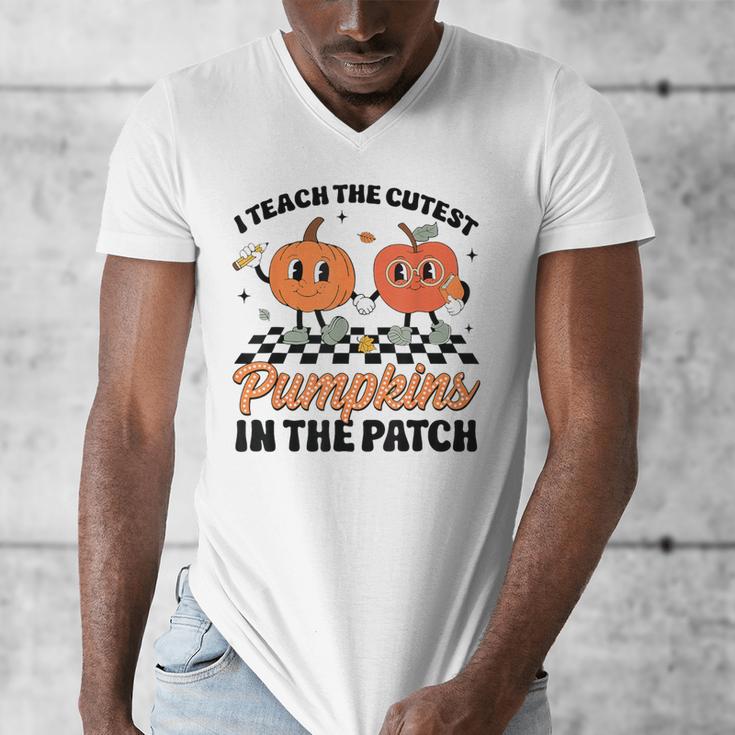 Groovy I Teach The Cutest Pumpkins In The Patch For Teacher Men's V-Neck T-Shirt, Groovy Teacher Gifts, funny design Groovy I Teach The Cutest Pumpkins In The Patch For Teacher Men's V-Neck T-Shirt, Groovy Teacher Gifts, funny design