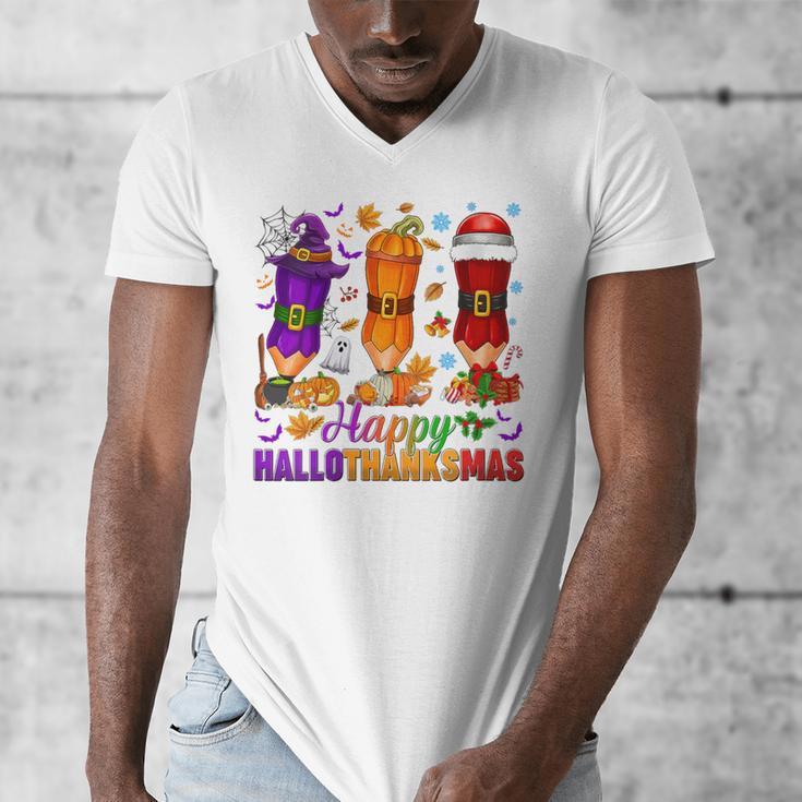 Happy Hallothanksmas Halloween Thanksgiving Pencils Teachers Men's V-Neck T-Shirt, funny design Happy Hallothanksmas Halloween Thanksgiving Pencils Teachers Men's V-Neck T-Shirt, funny design