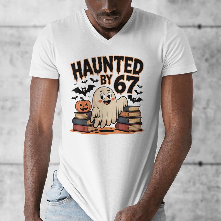 Haunted By 67 Teacher Ghost Pumpkin Halloween Costum Men's V-Neck T-Shirt, funny design
