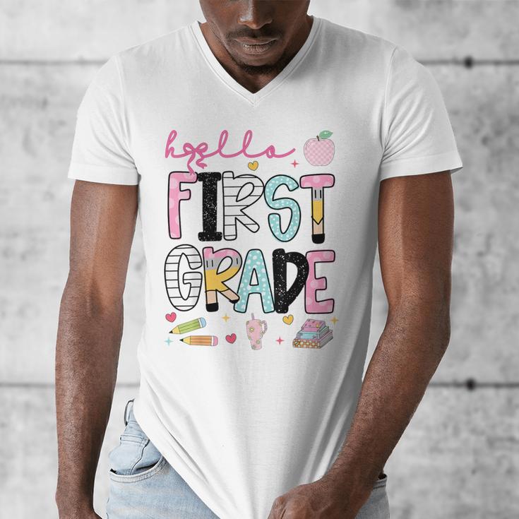 Hello First Grade Teacher Coquette Pencil Bow Back To School Men's V-Neck T-Shirt, First Grade Teacher Gifts, funny design