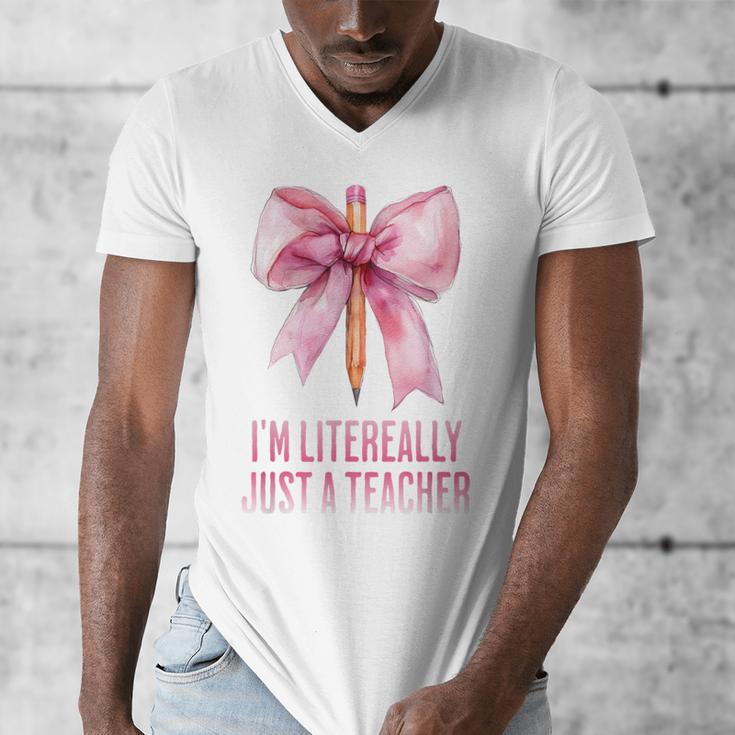 I'm Literally Just a Teacher Pencil Coquette Bow School Men's V-Neck T-Shirt, funny design I'm Literally Just a Teacher Pencil Coquette Bow School Men's V-Neck T-Shirt, funny design