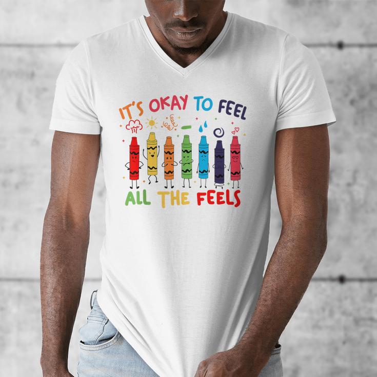 Its Okay To Feel All The Feels Mood Color Crayons Teacher Men's V-Neck T-Shirt, funny design Its Okay To Feel All The Feels Mood Color Crayons Teacher Men's V-Neck T-Shirt, funny design