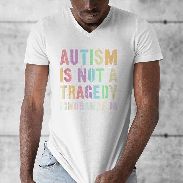 Kids AUTISM IS NOT A TRAGEDY IGNORANCE IS Proud Teacher Crew Men's V-Neck T-Shirt, funny design