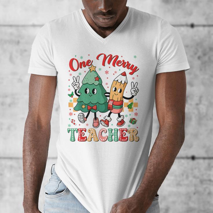 One Merry Teacher Groovy Christmas Tree Pjs Xmas Teacher Men's V-Neck T-Shirt, Groovy Teacher Gifts, funny design One Merry Teacher Groovy Christmas Tree Pjs Xmas Teacher Men's V-Neck T-Shirt, Groovy Teacher Gifts, funny design