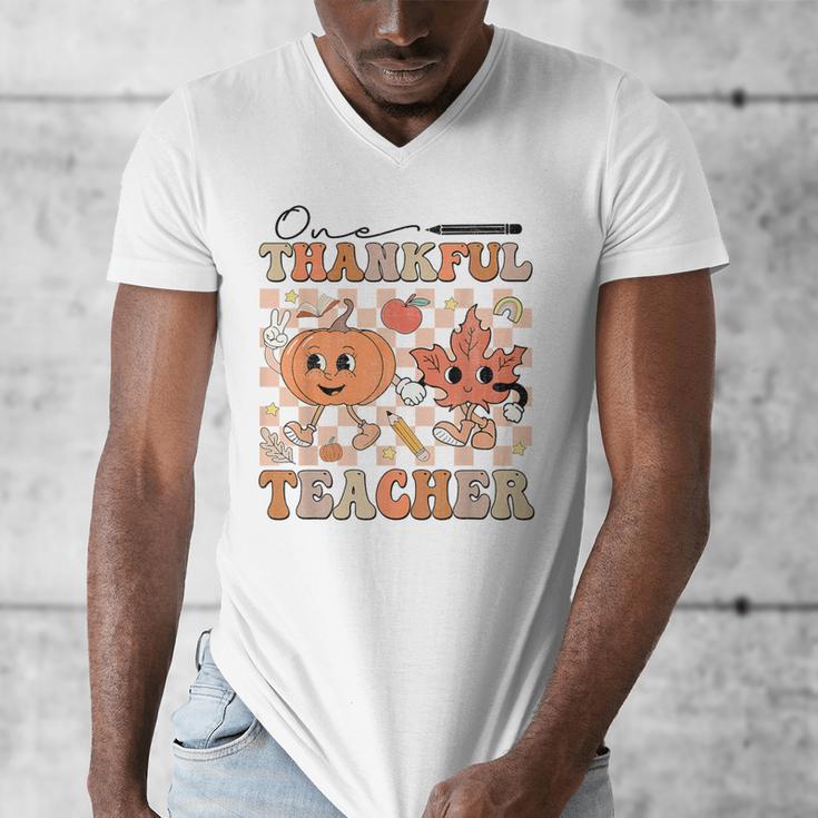 One Thankful Teacher Thanksgiving Groovy Fall Autumn Teacher Men's V-Neck T-Shirt, Groovy Teacher Gifts, funny design One Thankful Teacher Thanksgiving Groovy Fall Autumn Teacher Men's V-Neck T-Shirt, Groovy Teacher Gifts, funny design