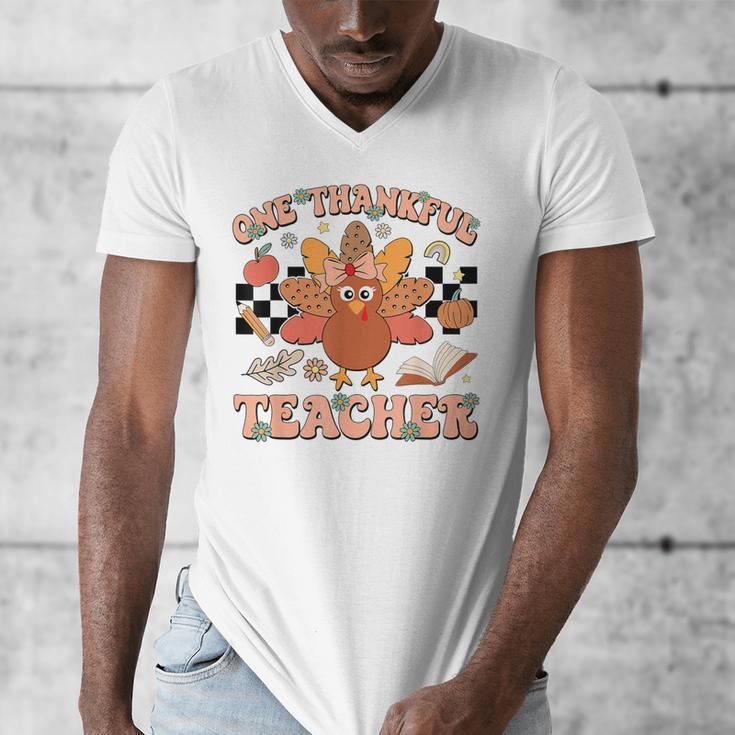 One Thankful Teacher Thanksgiving Retro Groovy Fall Teachers Men's V-Neck T-Shirt, Groovy Teacher Gifts, funny design One Thankful Teacher Thanksgiving Retro Groovy Fall Teachers Men's V-Neck T-Shirt, Groovy Teacher Gifts, funny design