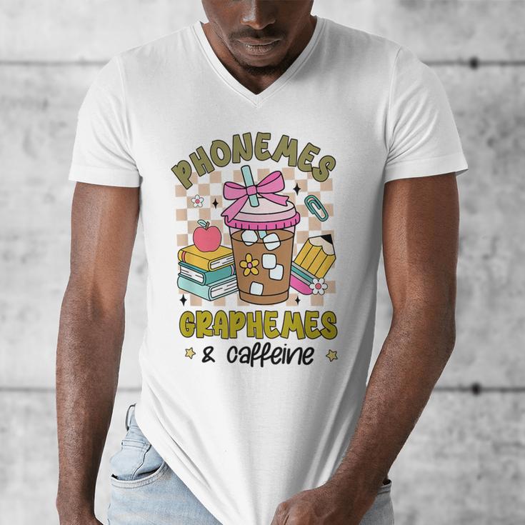 Phonemes Graphemes Caffeine Back To School Reading Teacher Men's V-Neck T-Shirt, funny design Phonemes Graphemes Caffeine Back To School Reading Teacher Men's V-Neck T-Shirt, funny design