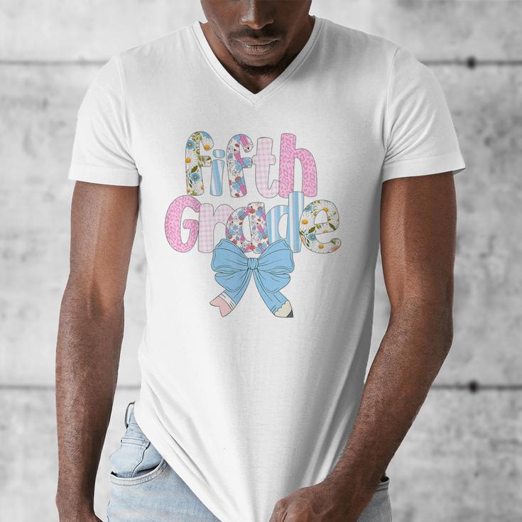 Preppy Fifth Grade Teacher Blue Floral Coquette Pencil Bow Men's V-Neck T-Shirt, funny design