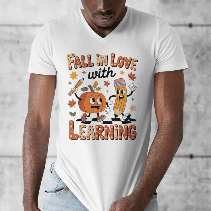 Retro Fall In Love With Learning Autumn Pumpkin Teacher Kids Men's V-Neck T-Shirt, funny design Retro Fall In Love With Learning Autumn Pumpkin Teacher Kids Men's V-Neck T-Shirt, funny design