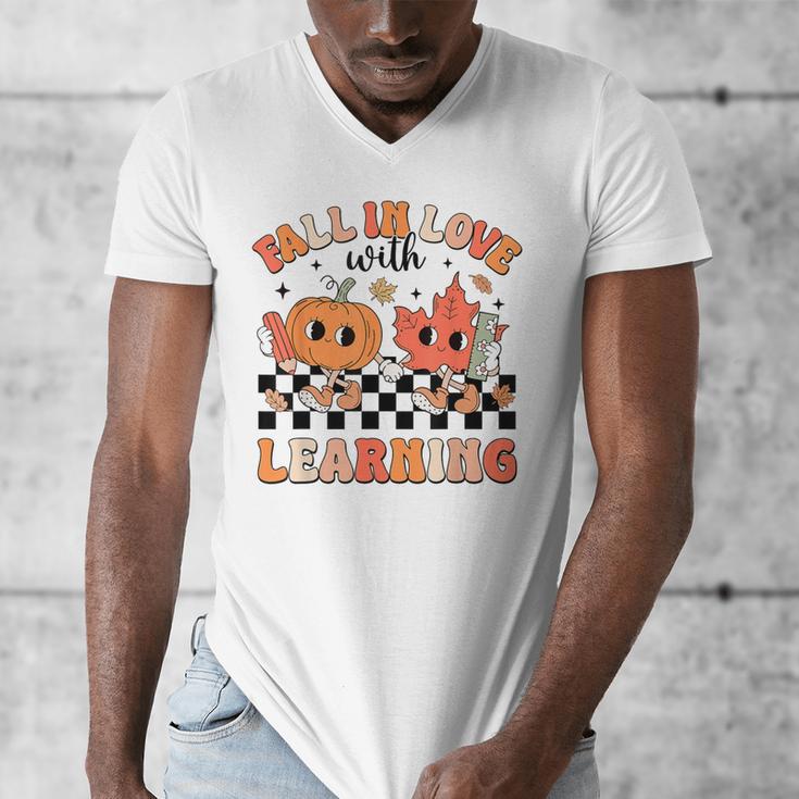 Retro Fall In Love With Learning Autumn Pumpkin Teacher Men's V-Neck T-Shirt, funny design Retro Fall In Love With Learning Autumn Pumpkin Teacher Men's V-Neck T-Shirt, funny design
