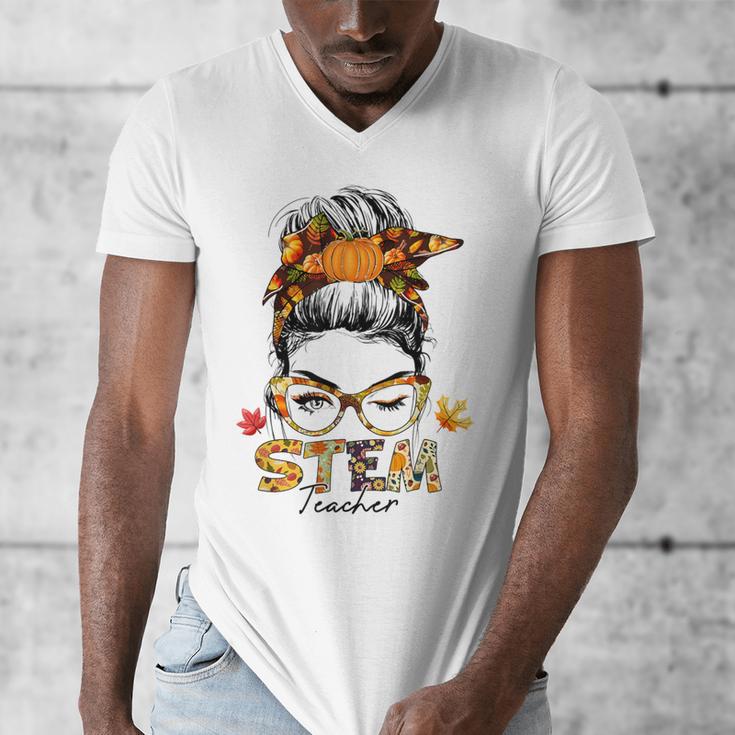 STEM Teacher Messy Bun Fall Vibes Autumn Thanksgiving Men Women Men's V-Neck T-Shirt, funny design