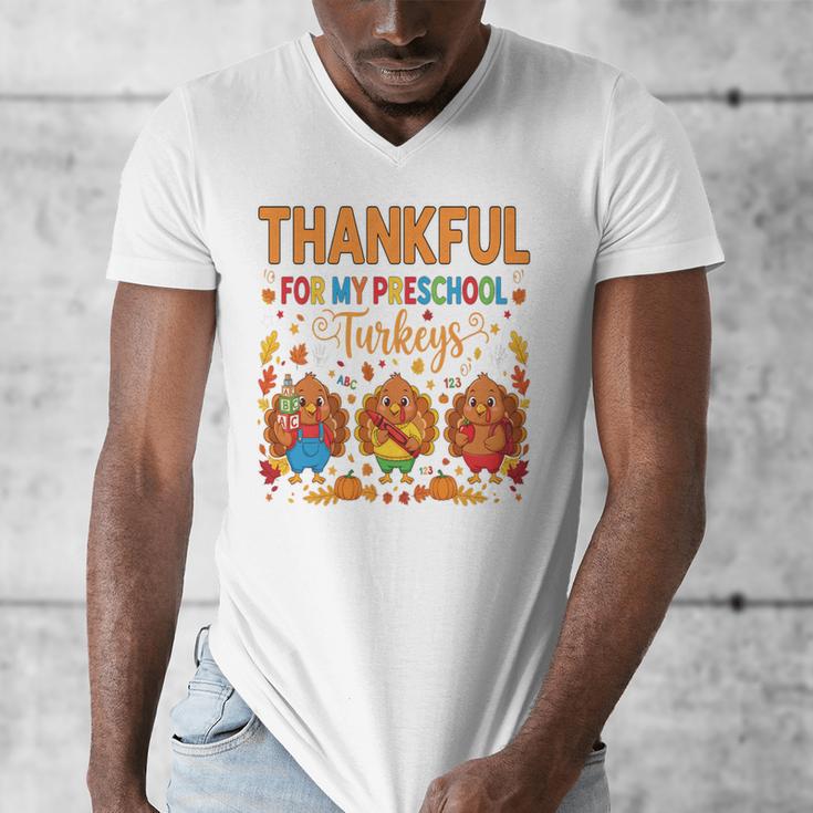Teach Thanksgiving Teacher Thankful For My Preschool Turkeys Men's V-Neck T-Shirt, funny design